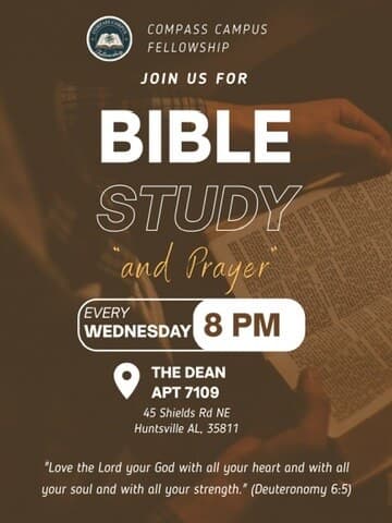 CCF Bible Study flyer — Every Wednesday at The Dean, Apt 7109